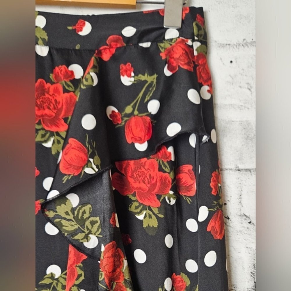Zara Floral Polka Dot Wrap Midi Skirt Ruffle Hem XS Black Red - Picture 2 of 9